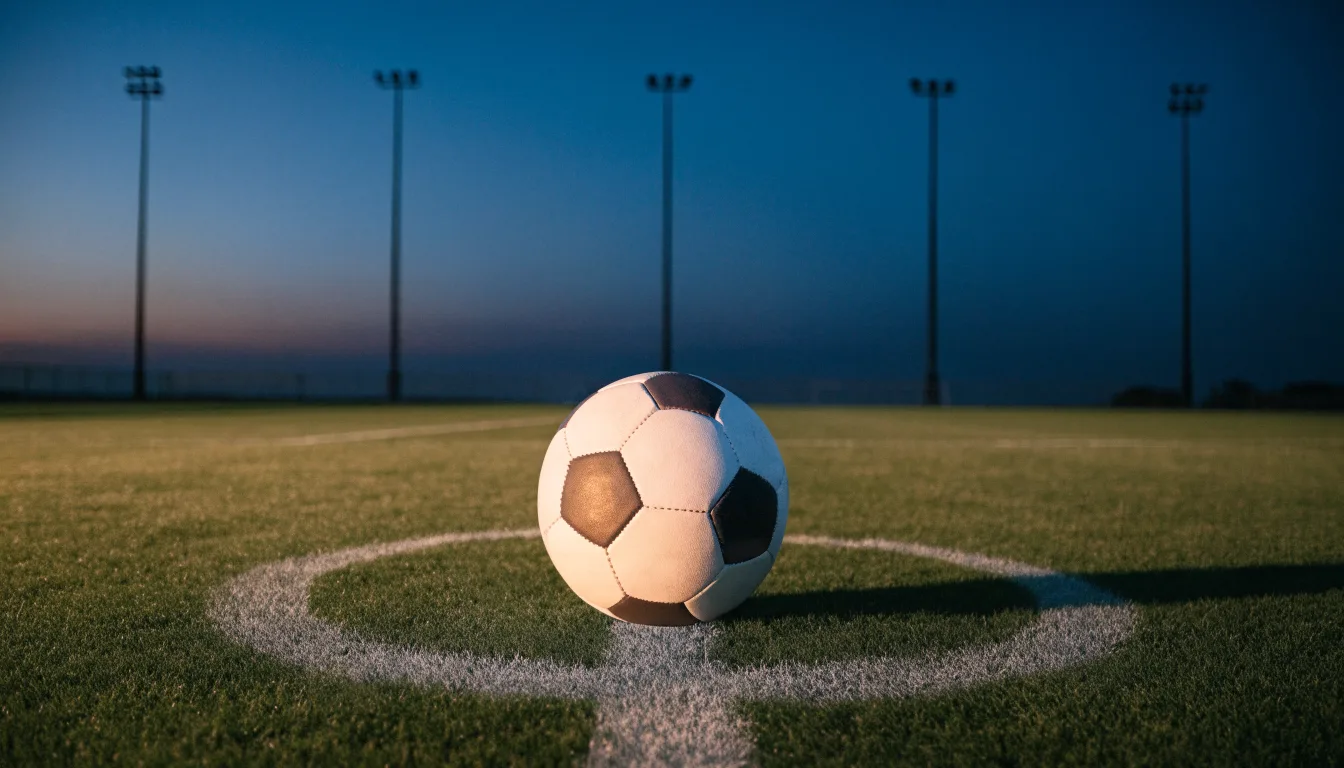 Ein Fussball liegt auf dem Mittelpunkt eines leeren Rasenplatzes, im Hintergrund ragen Flutlichtmasten in die Abenddämmerung