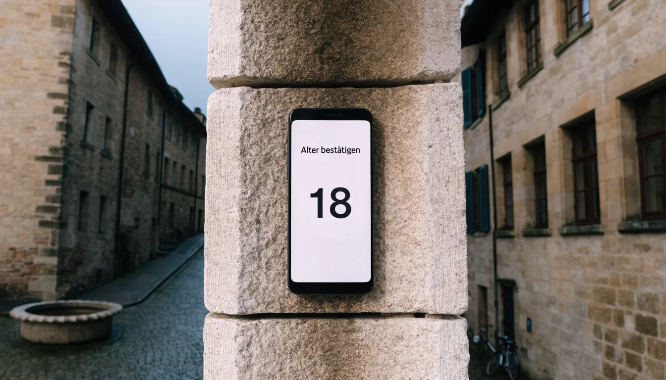 Ein Brunnen vor einer Sandsteinfassade in einer Altstadtgasse, nasses Kopfsteinpflaster und gedämpftes Licht eines bewölkten Morgens
