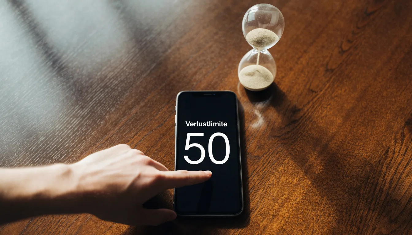 Eine Sanduhr steht neben einem Smartphone mit dunklem Display auf einem Holztisch, ruhiges Tageslicht fällt von der Seite ein