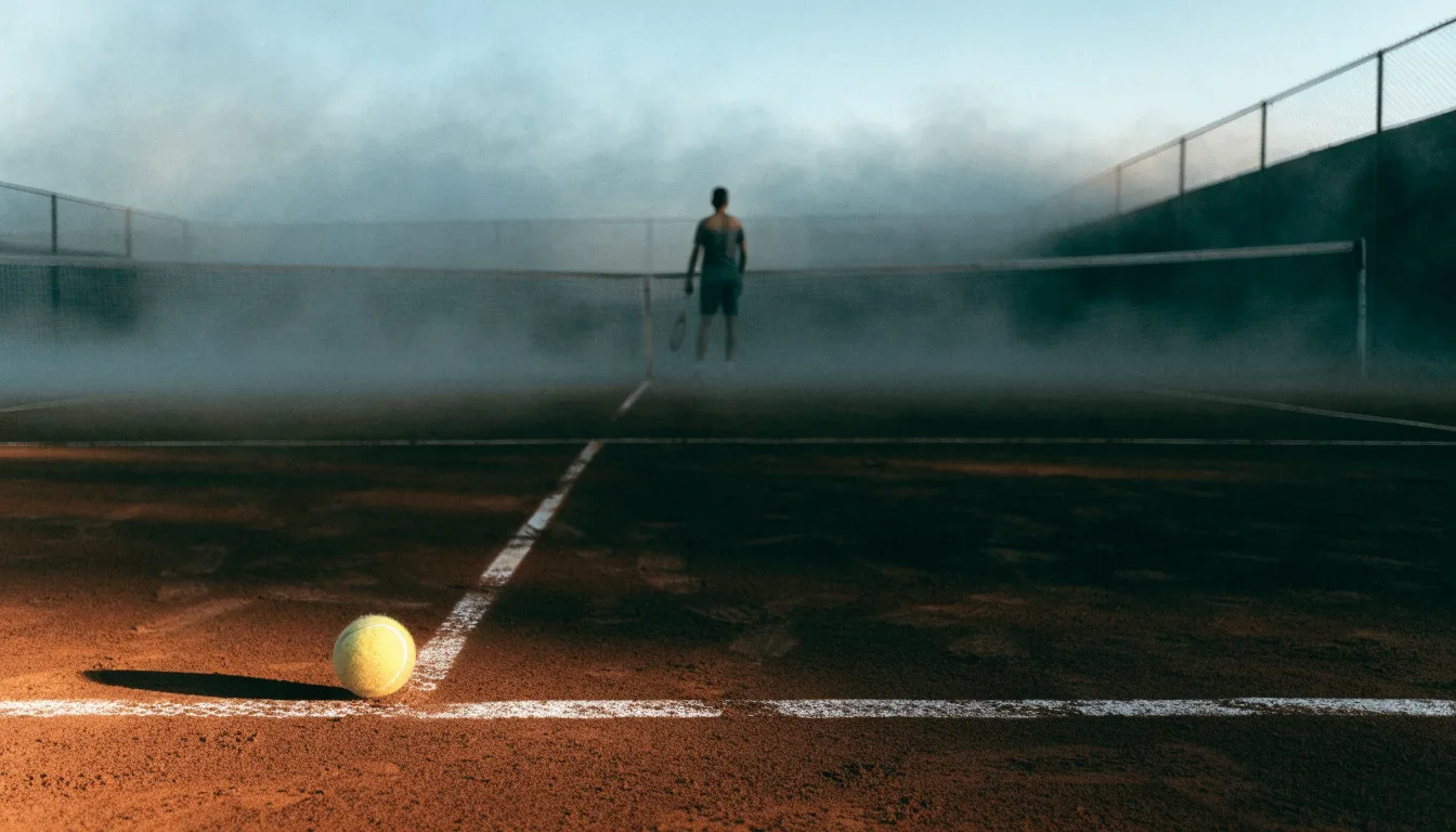 Ein Tennisplatz mit Sandbelag in der Morgendämmerung, Netz und Linien liegen im ersten Licht, Nebel hängt über dem Boden