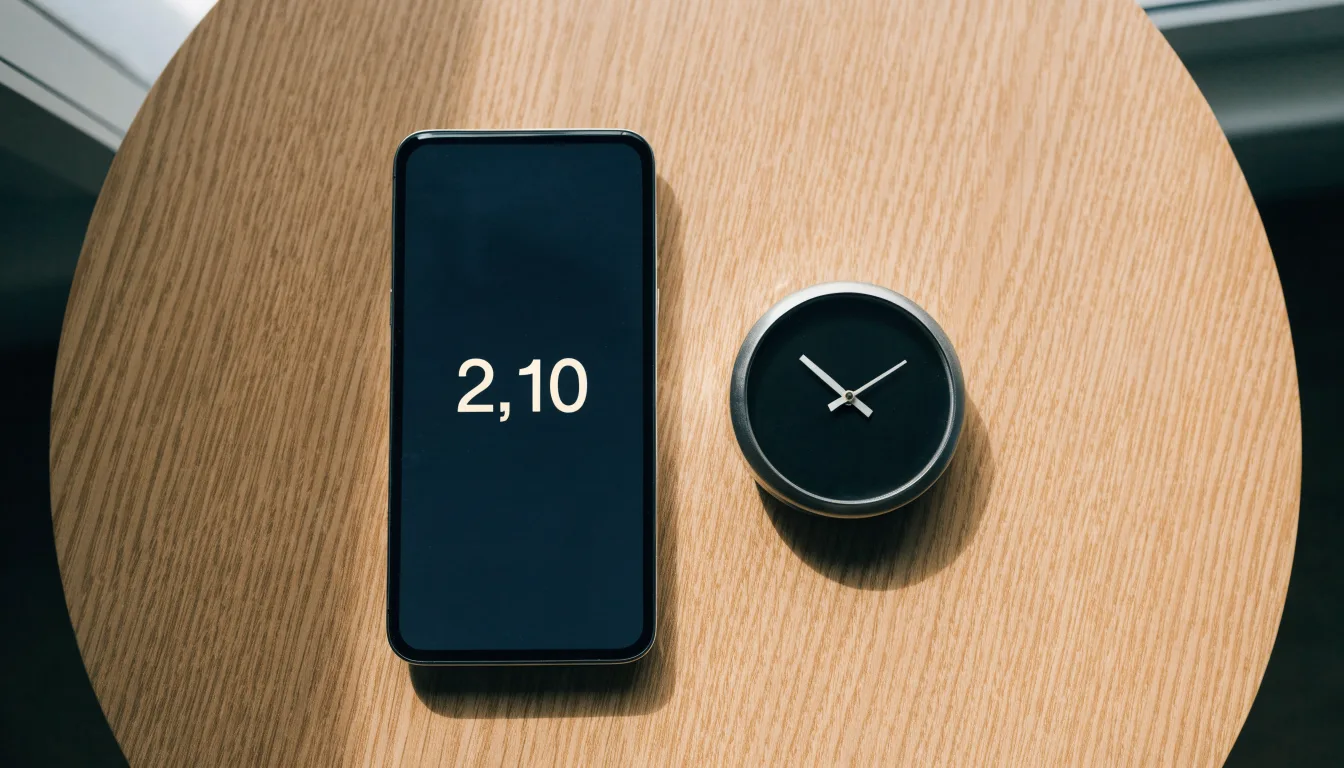 Eine Stoppuhr und ein Smartphone mit dunklem Display liegen nebeneinander auf einem Holztisch, weiches Fensterlicht