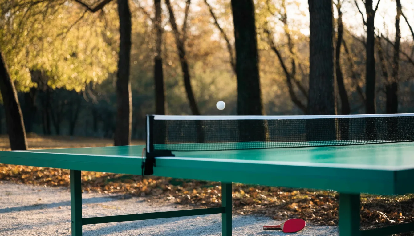 Eine Tischtennisplatte im Freien unter Bäumen, Herbstlaub liegt auf der Platte, das Licht fällt schräg durch die Äste
