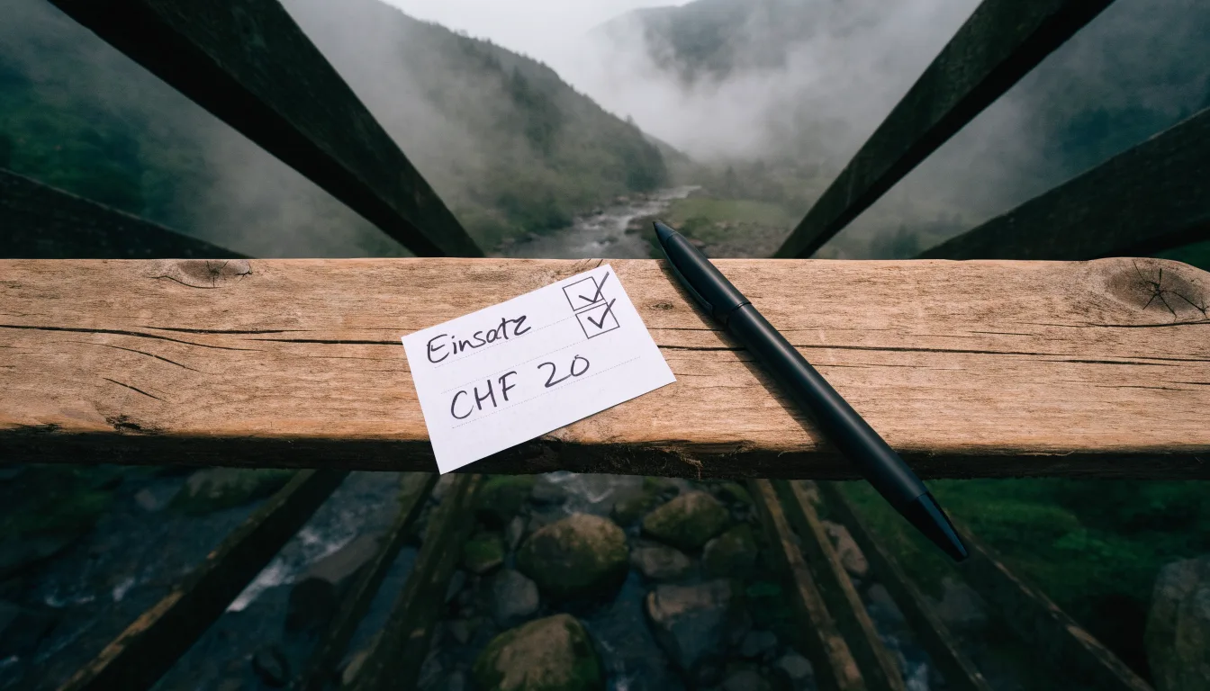 Eine alte Holzbrücke über einen Gebirgsbach, Moos auf den Steinen, Nebelschwaden hängen im Tal
