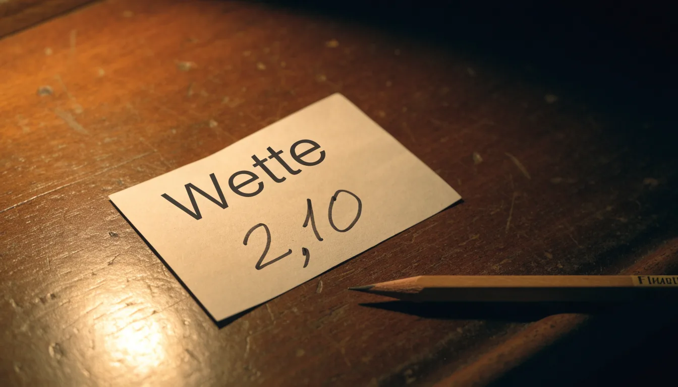 Ein leerer Wettschein aus Papier und ein Bleistift liegen auf einem Holztresen, warmes Licht einer Lampe
