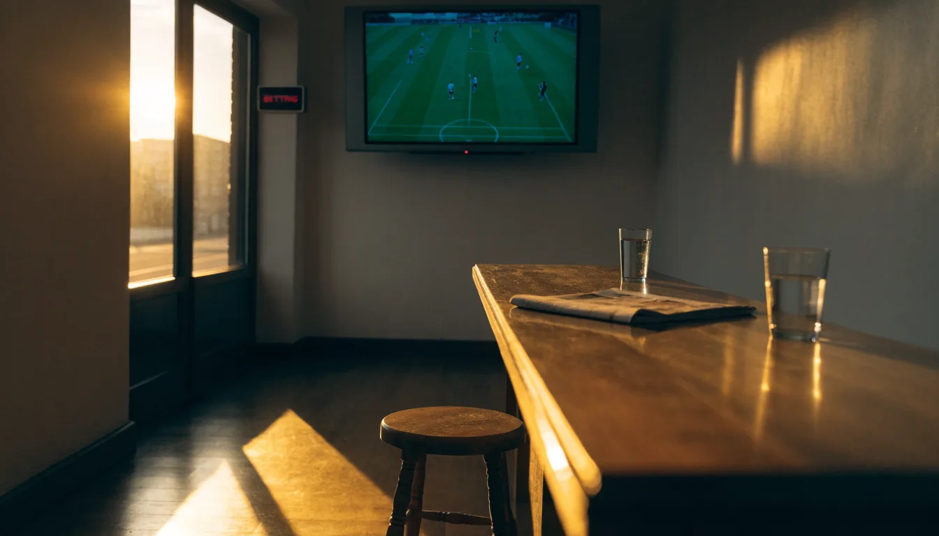 Eine leere Stadiontribüne bei Sonnenaufgang aus der Ferne, lange Schatten fallen über die Sitzreihen
