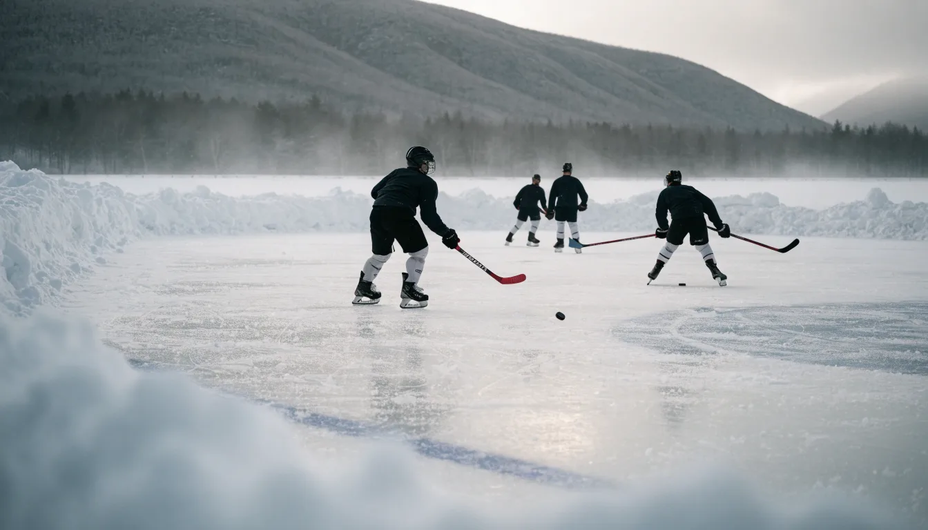 Ein Eishockeyfeld im Freien auf einem zugefrorenen See, Schneewehen an den Banden, klare Winterluft