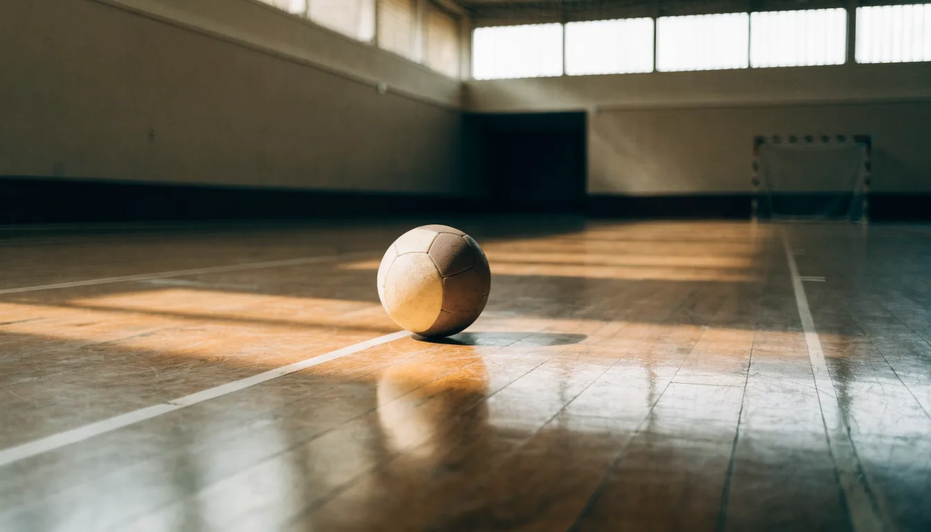 Ein Handball liegt auf dem Hallenboden einer leeren Sporthalle, Streifen von Licht aus den Oberlichtern