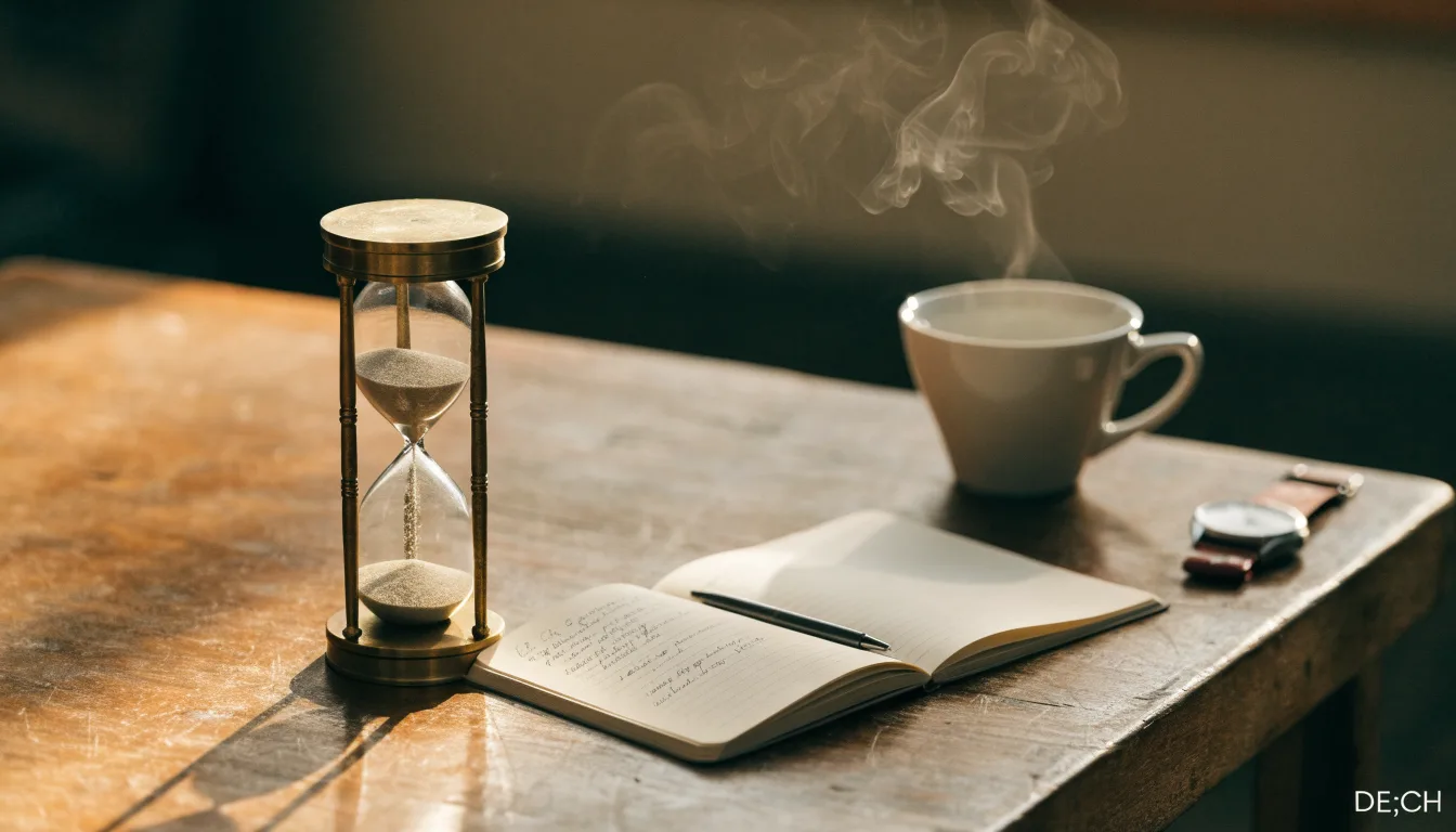 Eine Sanduhr steht neben einem Notizbuch mit handschriftlichen Notizen auf einem Holztisch, daneben dampft eine Tasse Tee.