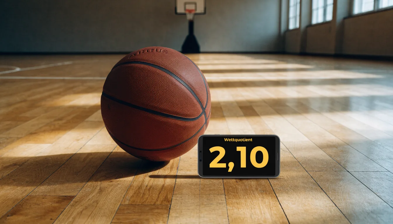 Ein Basketball ruht auf dem polierten Parkett einer leeren Halle, Nachmittagslicht fällt durch hohe Fenster.