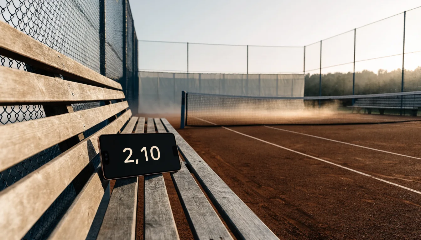 Ein gepflegter Tennisplatz im Morgengrauen, über der Grundlinie hängt leichter Nebel und die Bänke am Rand sind leer.