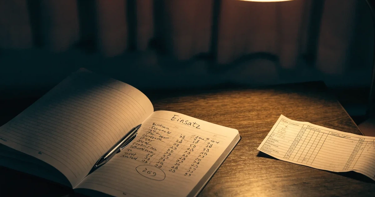 Eine Schreibtischlampe beleuchtet am späten Abend einen Block mit handschriftlichen Notizen und einen Stift.