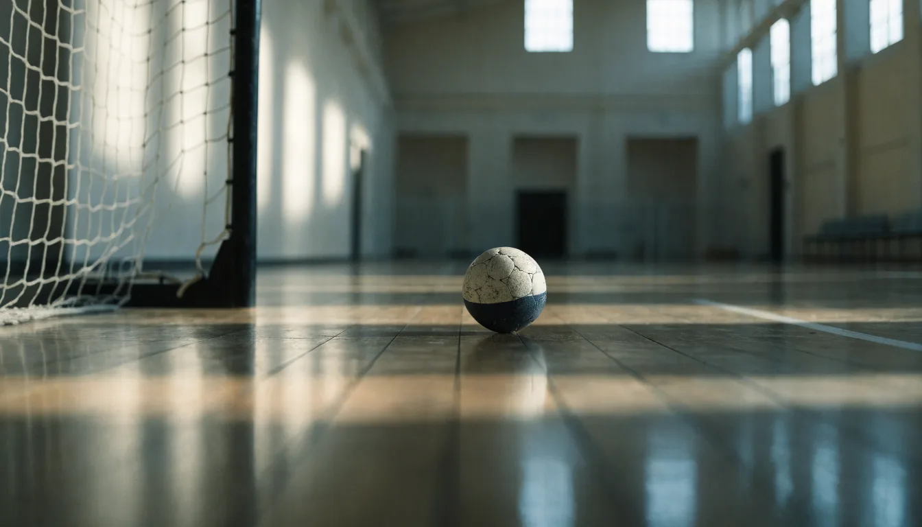 Ein Handball liegt am Rand des Torraums in einer leeren Sporthalle, Licht fällt durch Oberlichter auf den Hallenboden.