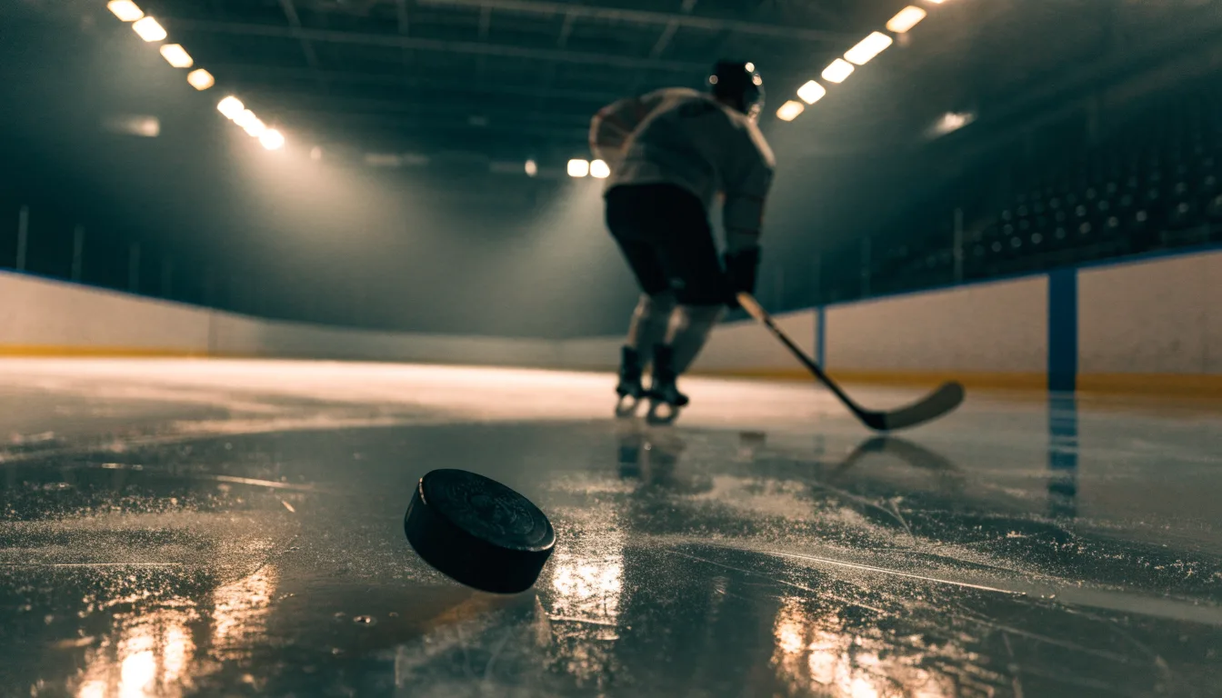 Ein Eishockeypuck und ein Schläger liegen auf einer glänzenden Eisfläche, im Hintergrund verschwimmen leere Banden.