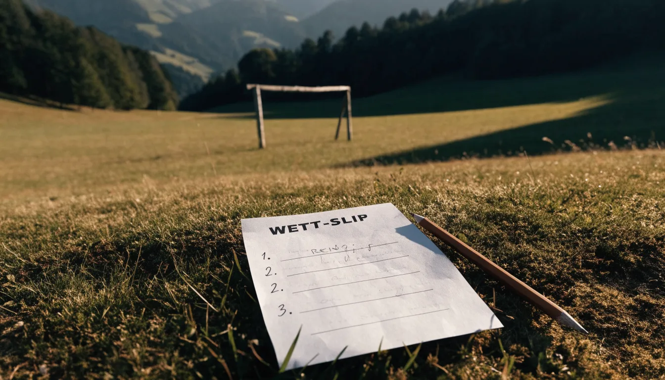 Eine Almwiese mit einem kleinen Holztor für Kinderfussball, dahinter erheben sich bewaldete Hänge im Nachmittagslicht.