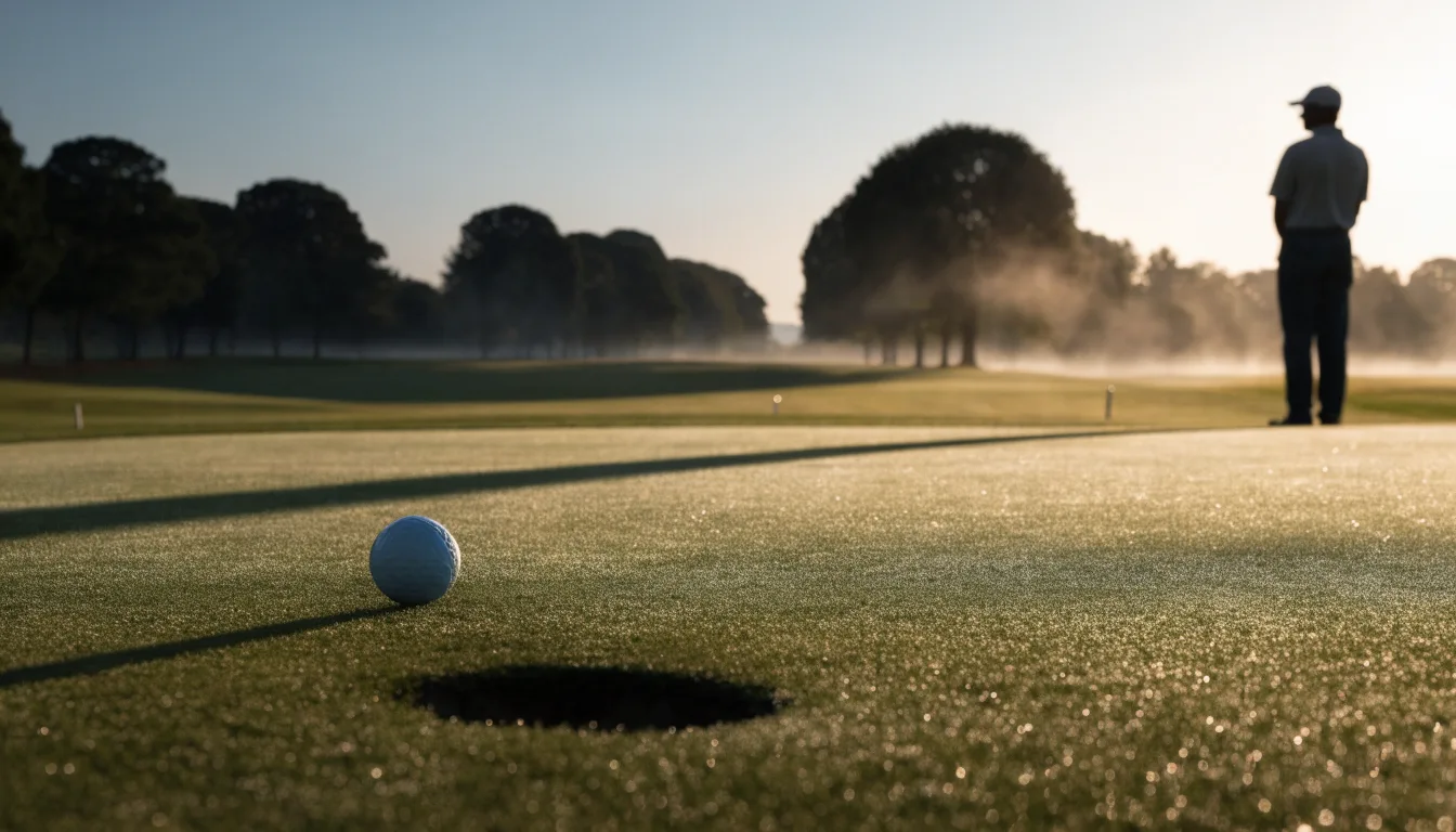 Ein Golfgrün bei Sonnenaufgang mit Tau auf dem Rasen, die Fahnenstange fehlt und im Hintergrund ziehen Nebelschwaden.