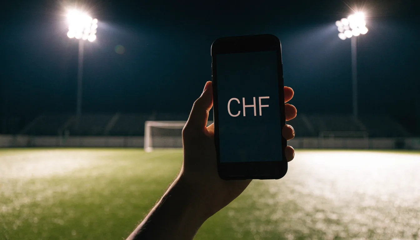 Hohe Flutlichtmasten ragen nachts über einen leeren Trainingsplatz, der Rasen glänzt im weissen Licht.