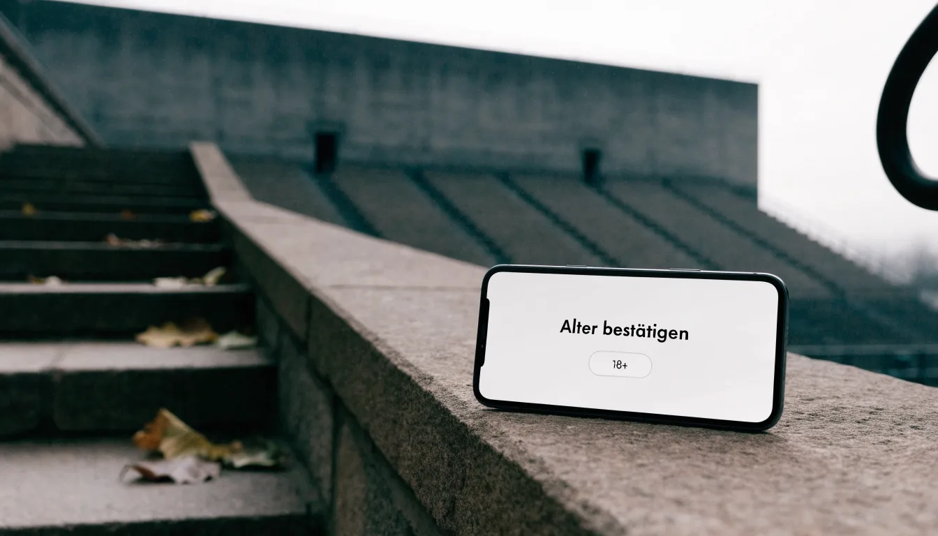 Eine breite Steintreppe führt zum Eingang einer Tribüne, Herbstlaub liegt auf den Stufen.