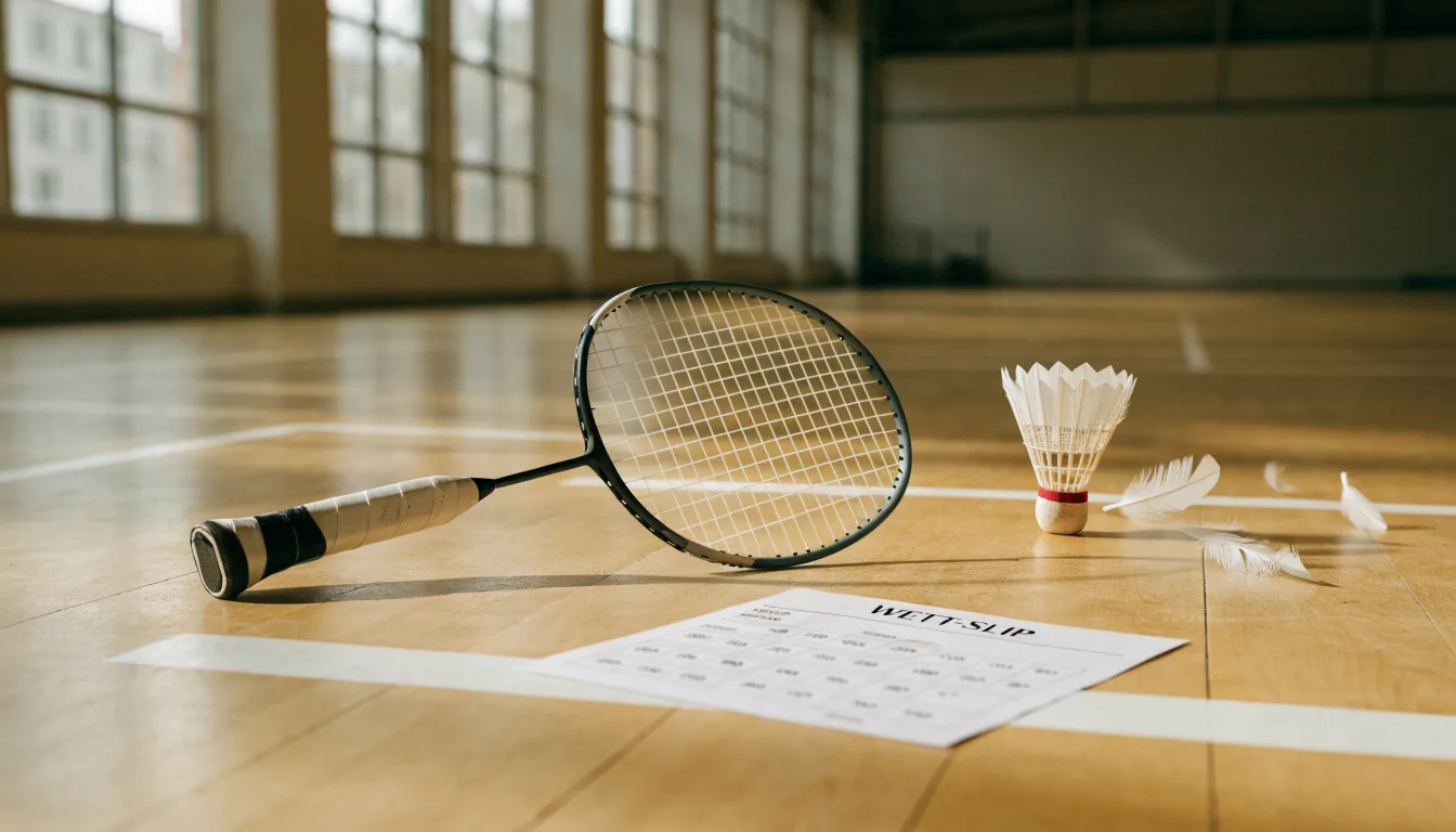 Ein Badmintonschläger liegt neben einem Federball auf dem hellen Hallenboden eines leeren Spielfelds.