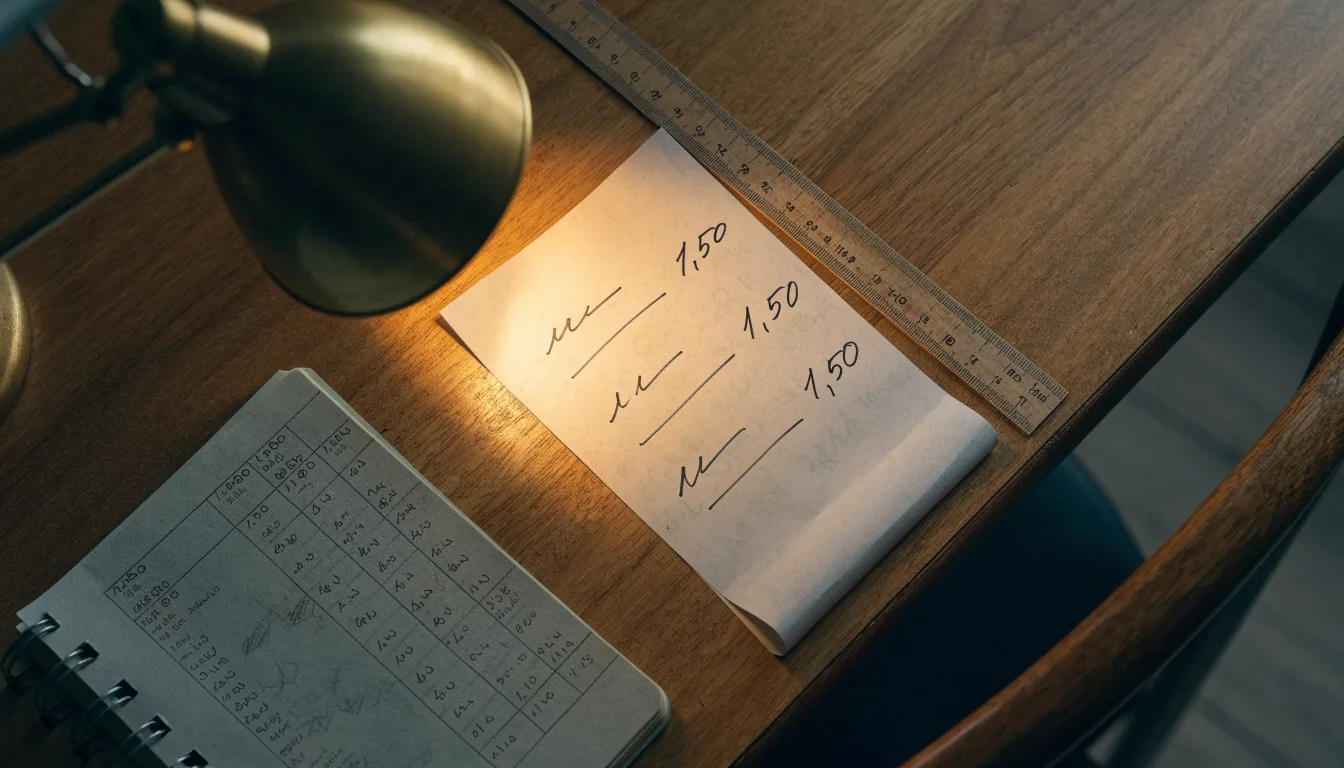 Eine Schreibtischlampe beleuchtet ein kariertes Heft mit handschriftlichen Skizzen, daneben liegt ein Lineal aus Holz.