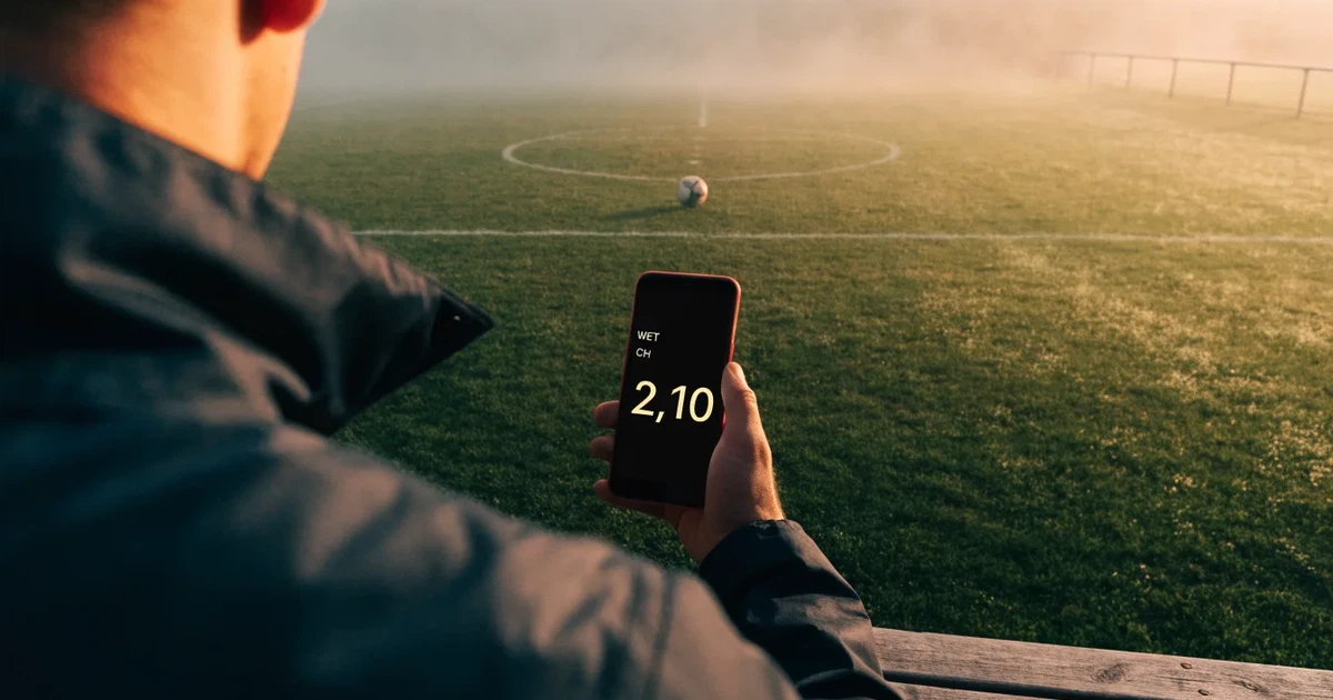 Ein Fussball liegt auf dem Anstosspunkt eines leeren Rasenplatzes im dichten Morgennebel.