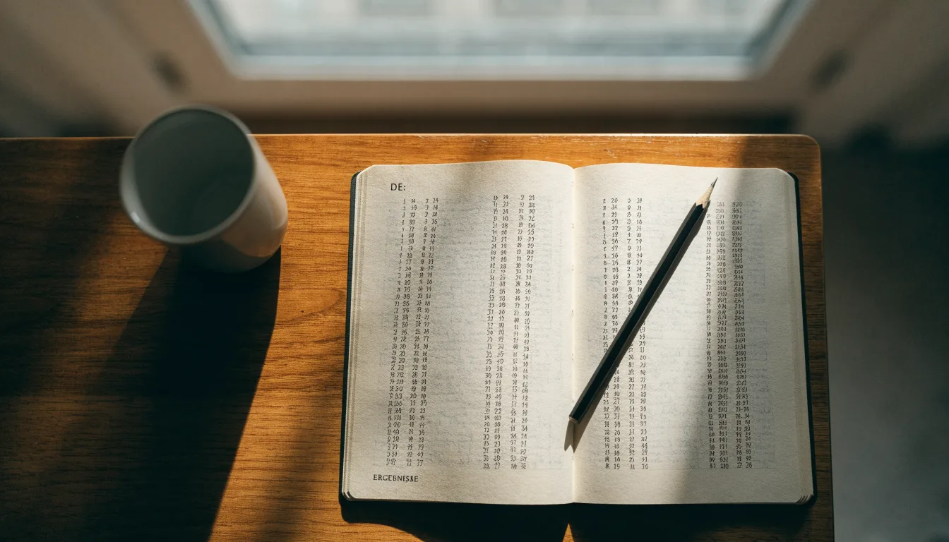 Ein aufgeschlagenes Notizbuch mit handschriftlichen Spalten und ein Bleistift liegen auf einem Holztisch neben einem Fenster.