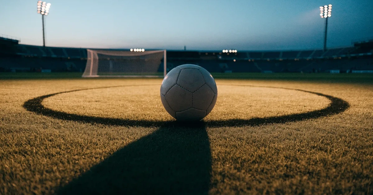 Ein Fussball liegt auf dem Anstosspunkt eines leeren Rasenplatzes, im Hintergrund glimmen Flutlichtmasten im Abendlicht.