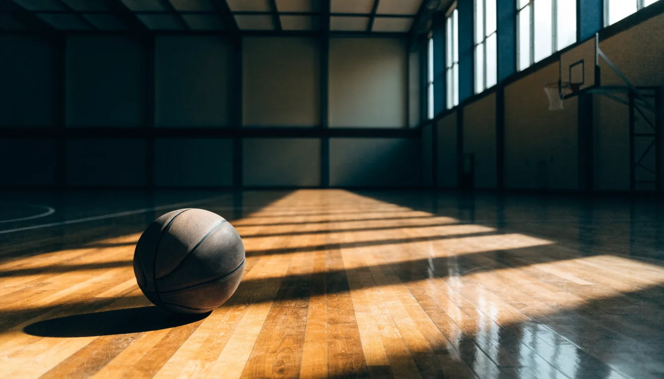 Ein Basketball ruht auf dem Parkett einer leeren Sporthalle, durch hohe Fenster fällt Tageslicht.