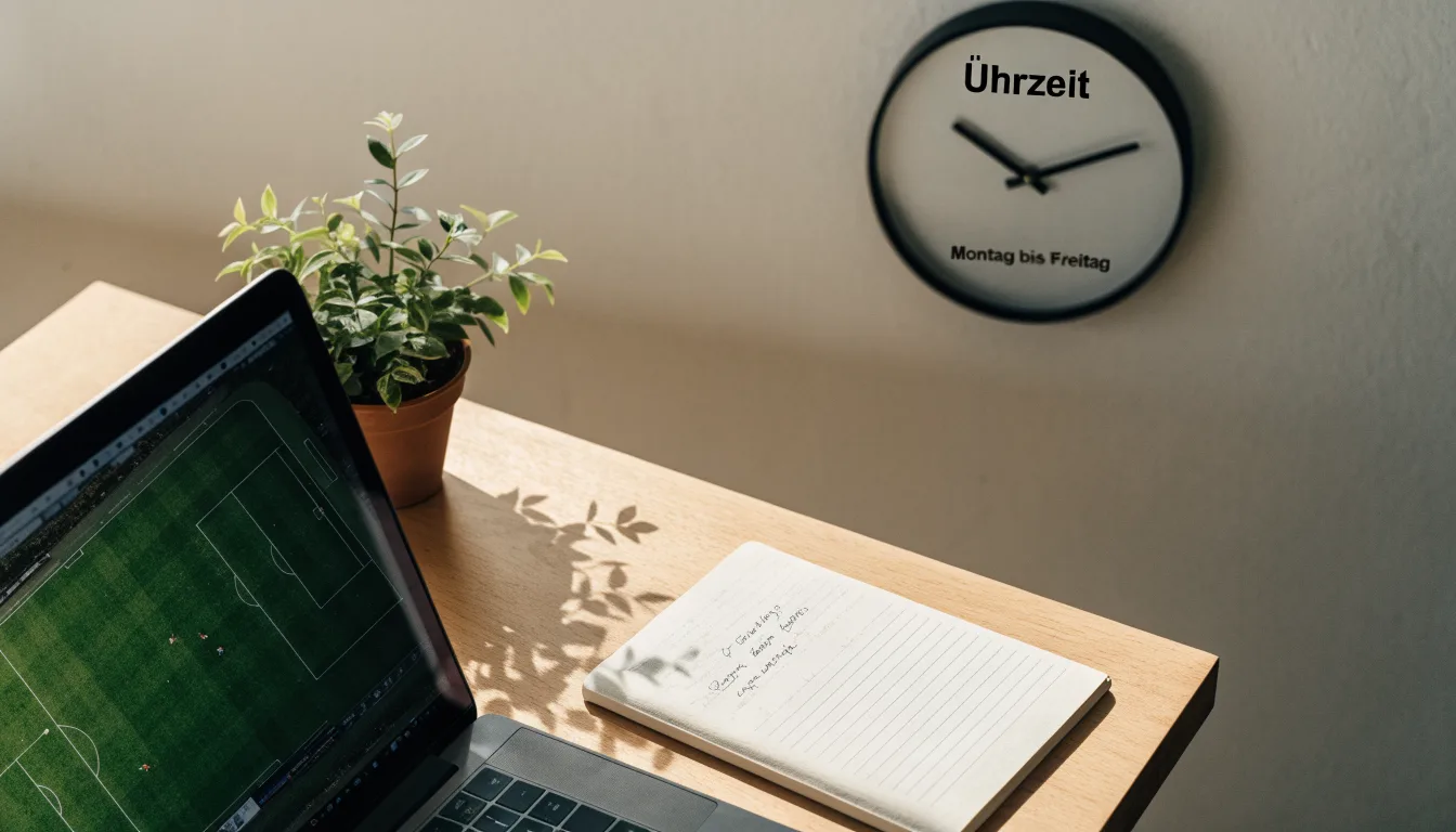 Eine Wanduhr hängt in einem ruhigen Büro, davor ein aufgeräumter Tisch mit einer Pflanze.