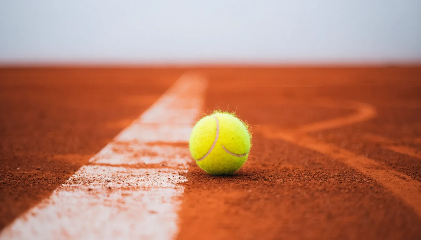 Ein Tennisball liegt auf rotem Sand neben einer verblassten Linie, das Licht ist weich.