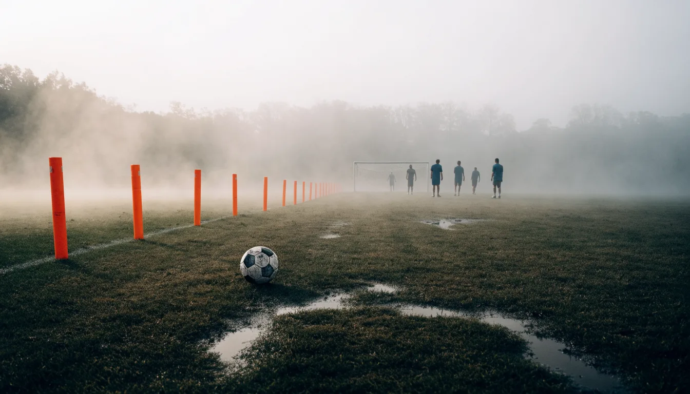 Orange Pylonen stehen auf einem Trainingsplatz im Nebel, die Ränder des Platzes verschwimmen im Dunst.