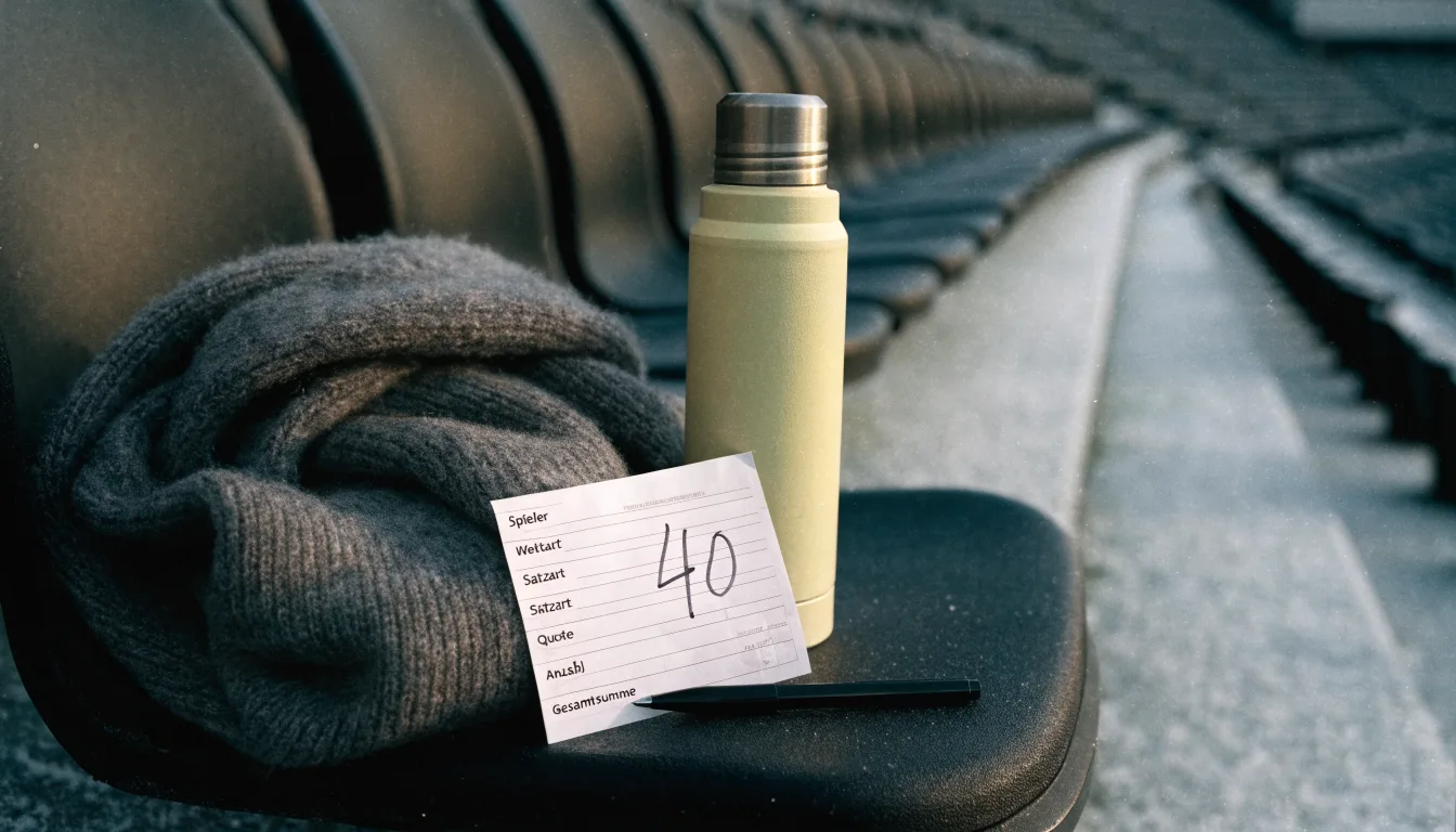 Ein grauer Wollschal und eine Thermoskanne liegen auf einem Sitz im winterlichen Stadion, Raureif liegt auf den Stufen.
