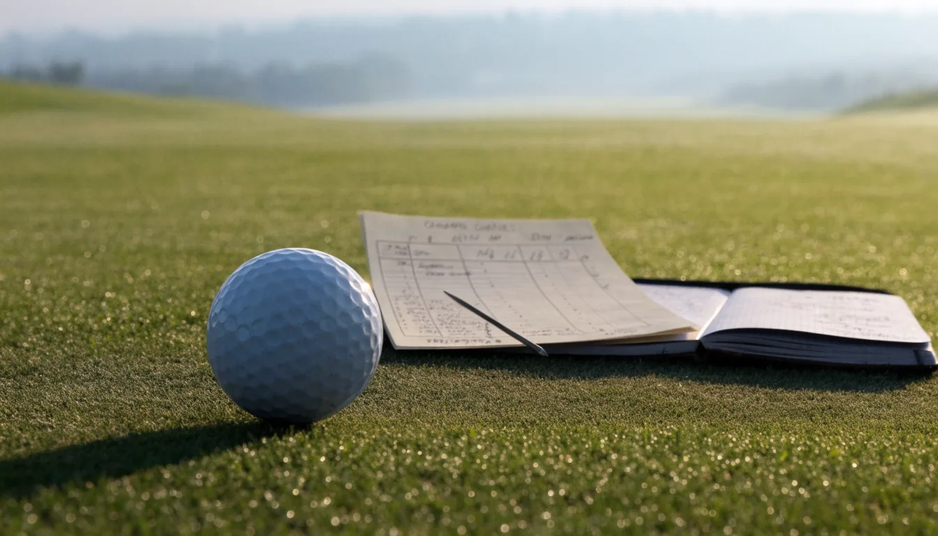 Ein Golfgrün liegt am frühen Morgen im Tau, ein Ball liegt nahe dem Loch.