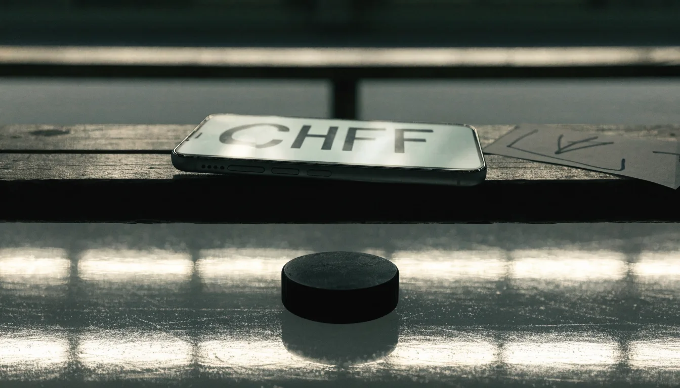 Ein Eishockeypuck liegt in Grossaufnahme auf glatter Eisfläche, im Eis spiegeln sich Hallenlichter.